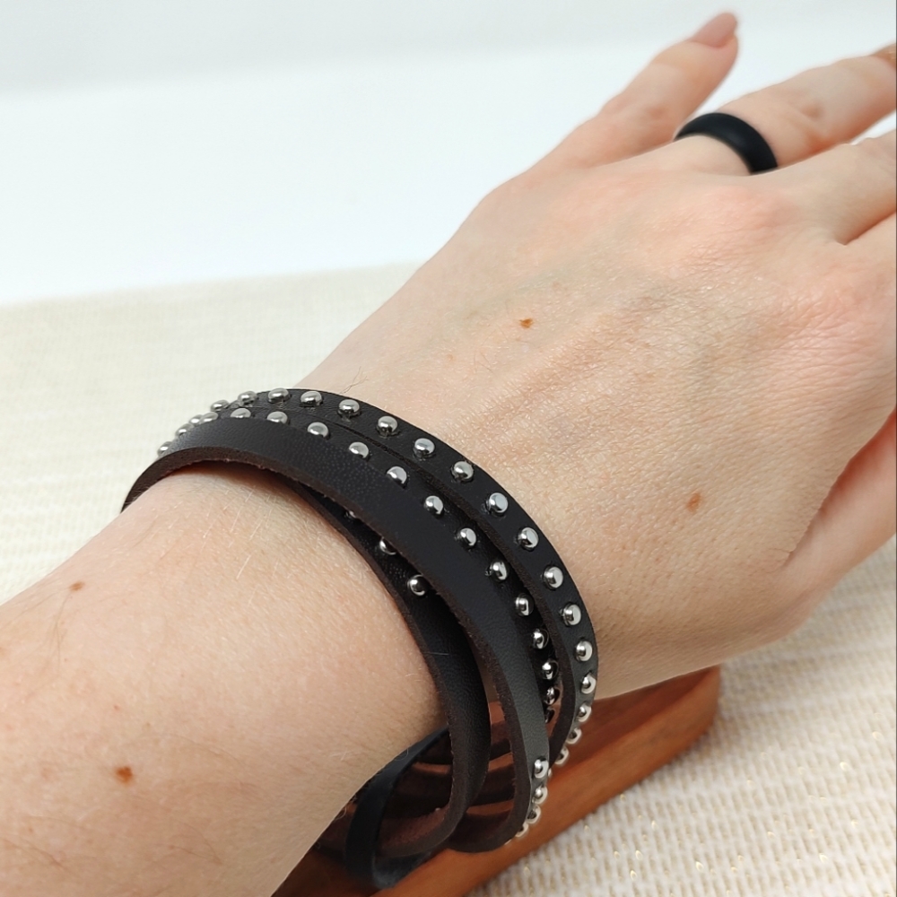 Beautiful dark chocolate brown handcrafted studded leather wrap bracelet